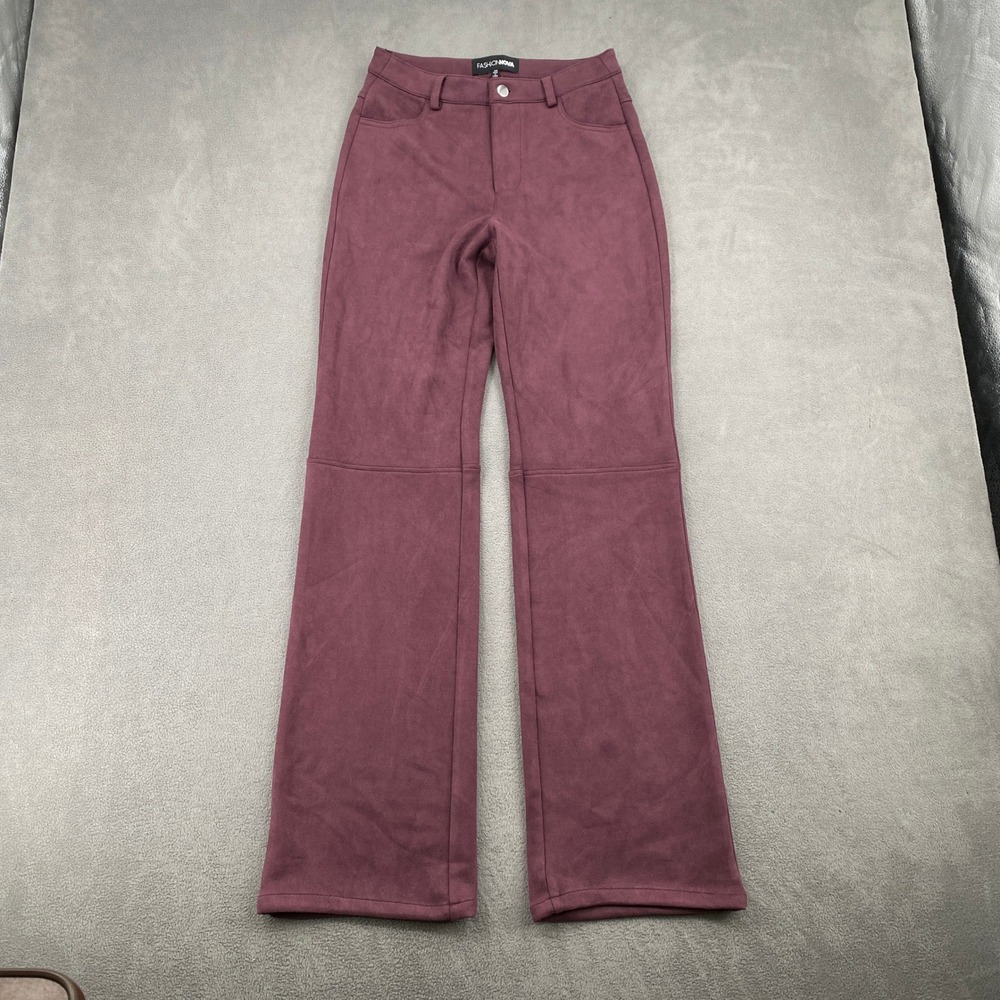 Fashion Nova Womens XS Burgundy Faux Suede High Rise Flare Leg Pants 7954